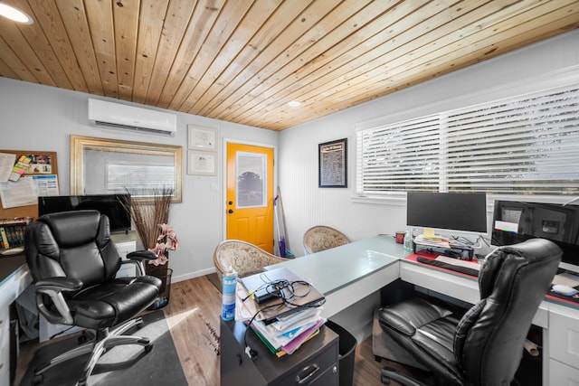 home office with an AC wall unit, wood-type flooring, and wooden ceiling