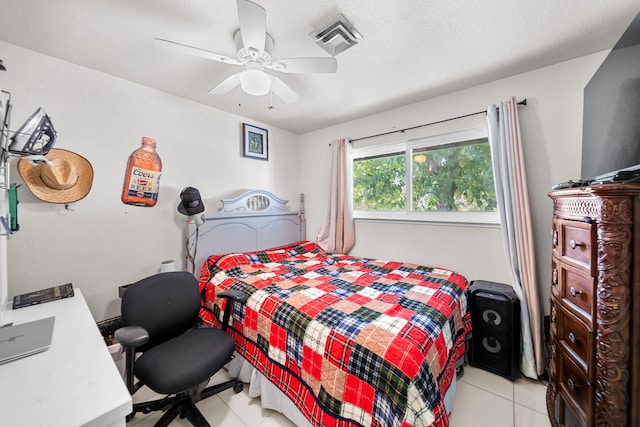 bedroom with light tile patterned flooring and ceiling fan