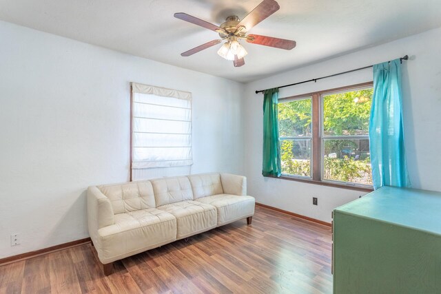 living room featuring ceiling fan and wood-type flooring