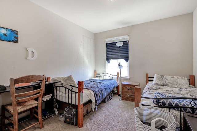 bedroom with light carpet