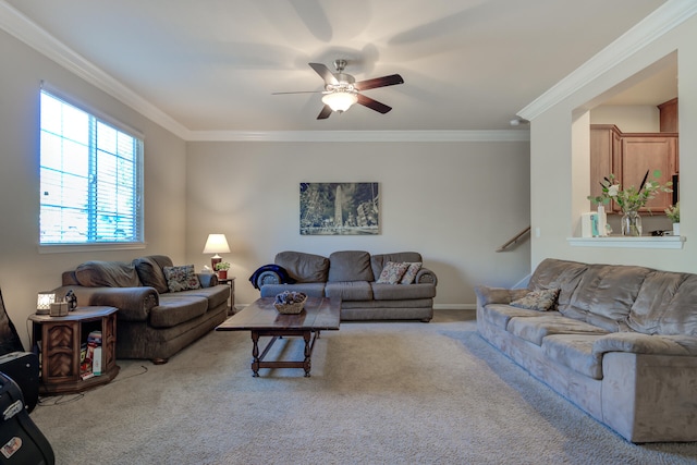 living room with light carpet, ornamental molding, and ceiling fan