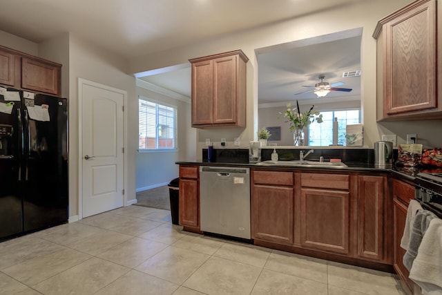 kitchen featuring ceiling fan, black fridge with ice dispenser, stainless steel dishwasher, ornamental molding, and light tile patterned floors