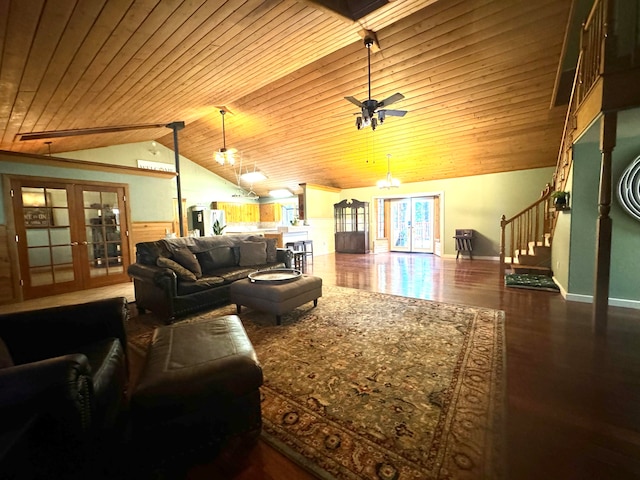 living room with wooden ceiling, lofted ceiling, ceiling fan, french doors, and hardwood / wood-style floors