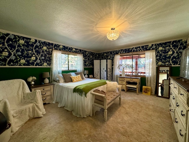 carpeted bedroom featuring a textured ceiling