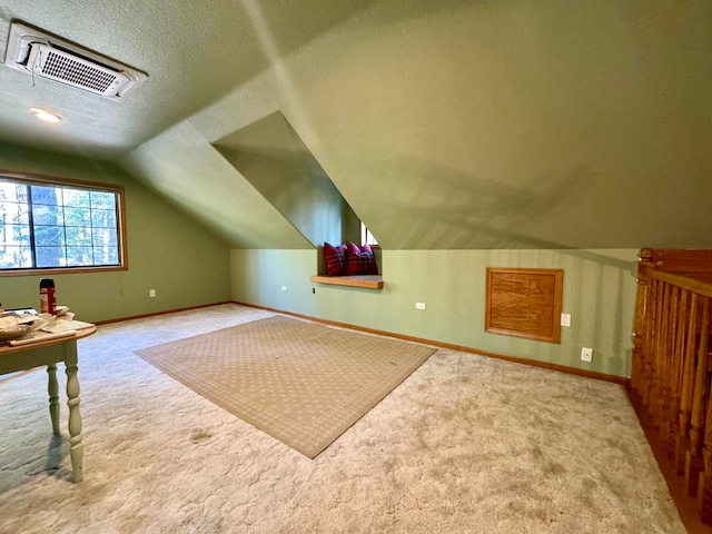 additional living space featuring a textured ceiling, lofted ceiling, and carpet