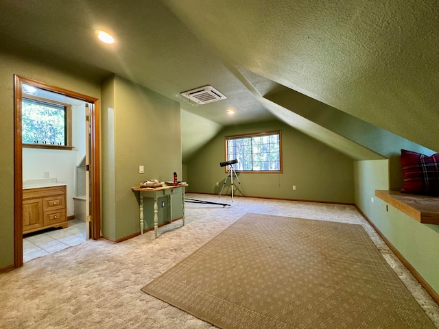 additional living space with light carpet, lofted ceiling, and a textured ceiling