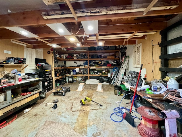 basement with a workshop area