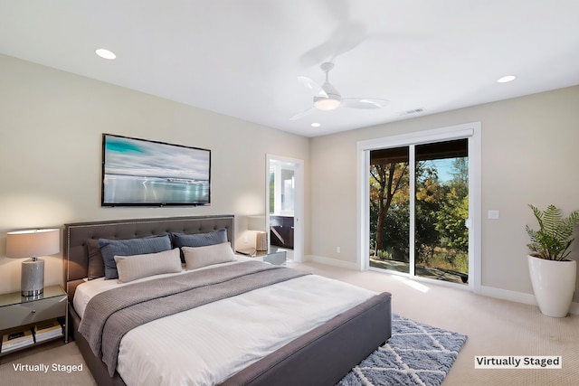 bedroom with ceiling fan, light colored carpet, and access to exterior