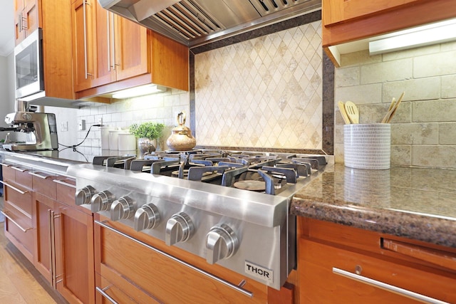 kitchen with backsplash, dark stone countertops, premium range hood, and appliances with stainless steel finishes