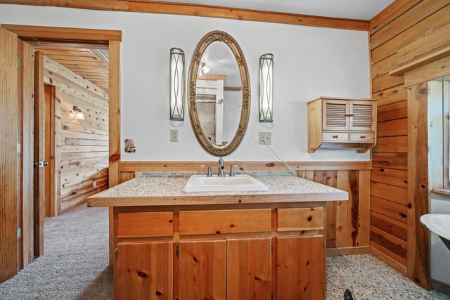 bathroom with wood walls and vanity