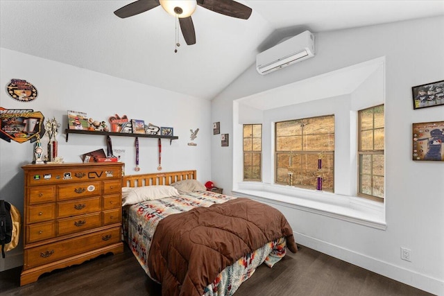 bedroom with ceiling fan, dark hardwood / wood-style floors, vaulted ceiling, and a wall unit AC