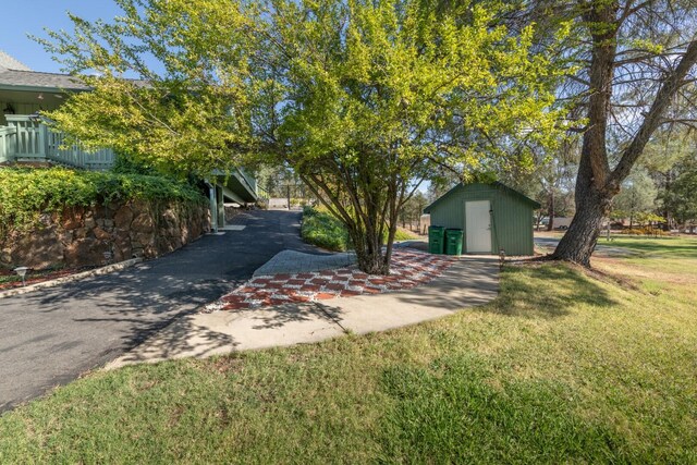 view of yard with a storage shed