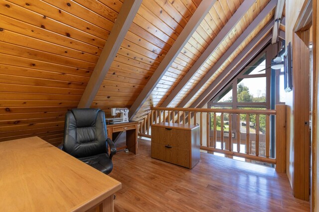 office space with light hardwood / wood-style floors, wood ceiling, and vaulted ceiling with beams