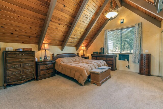 carpeted bedroom with vaulted ceiling with beams and wooden ceiling