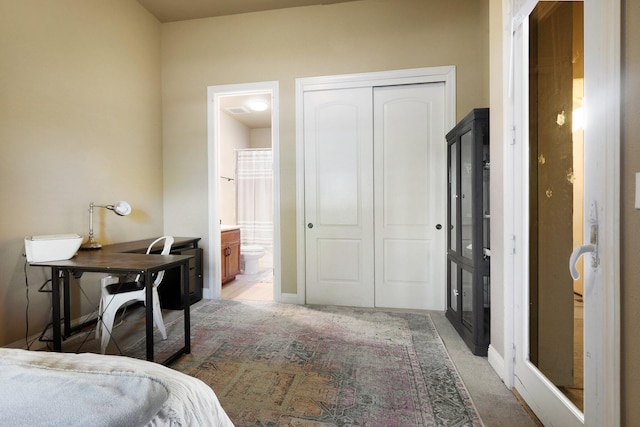 carpeted bedroom with ensuite bathroom and a closet