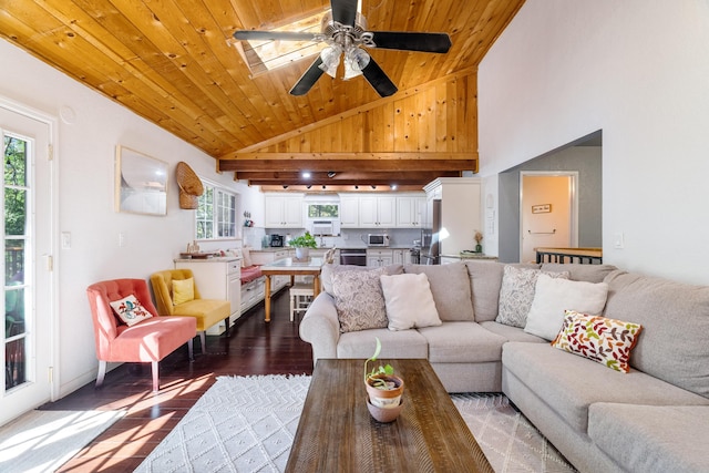 30570 Sleepy Hollow Dr, Shingletown, CA 96088 - living room featuring dark wood-style flooring, high vaulted ceiling, wood ceiling, and ceiling fan