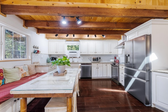 30570 Sleepy Hollow Dr, Shingletown, CA 96088 - kitchen featuring appliances with stainless steel finishes, dark wood-style flooring, a wood ceiling with exposed beams, white cabinetry, and rail lighting
