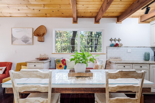 dining space featuring wood ceiling, beam ceiling, and dark wood-type flooring