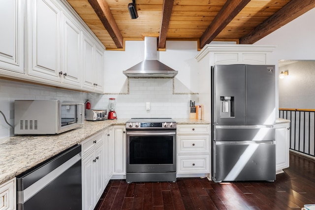 30570 Sleepy Hollow Dr, Shingletown, CA 96088 - kitchen with appliances with stainless steel finishes, wall chimney exhaust hood, a wood ceiling with exposed beams, white cabinetry, and dark wood-style floors