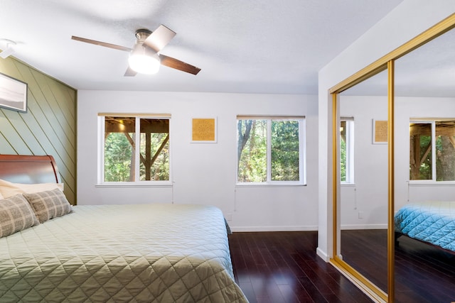 bedroom with ceiling fan, a closet, dark hardwood / wood-style floors, and multiple windows