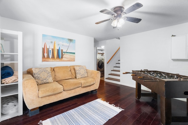 30570 Sleepy Hollow Dr, Shingletown, CA 96088 - living area with wood finished floors, stairs, a ceiling fan, and washer / dryer