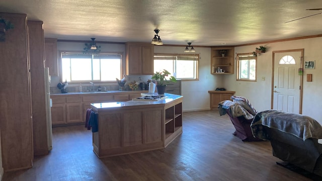 kitchen featuring sink, a textured ceiling, a center island, hardwood / wood-style floors, and crown molding