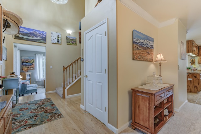 foyer entrance featuring light wood-type flooring and crown molding