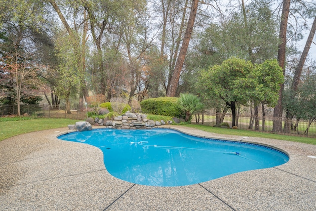 view of pool with a yard and a patio