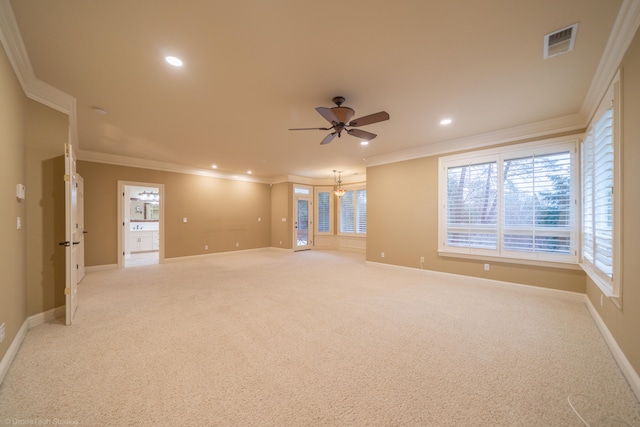 empty room featuring ceiling fan with notable chandelier, ornamental molding, and light carpet