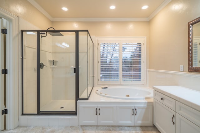 bathroom featuring crown molding, vanity, and plus walk in shower