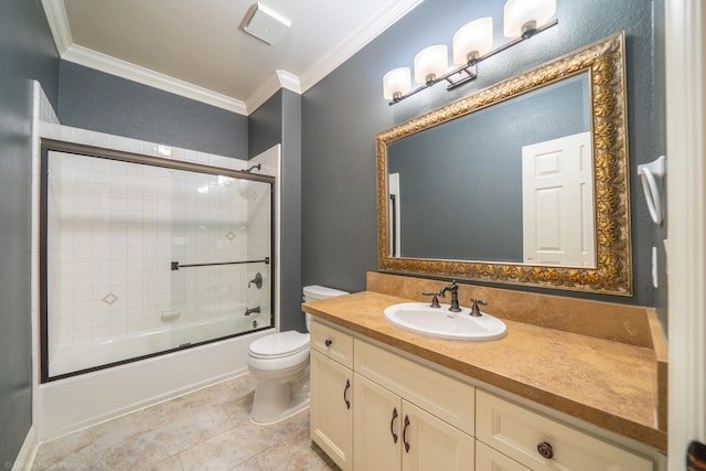 full bathroom featuring ornamental molding, bath / shower combo with glass door, toilet, and vanity