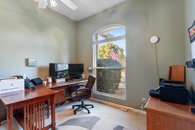 office space featuring ceiling fan and carpet