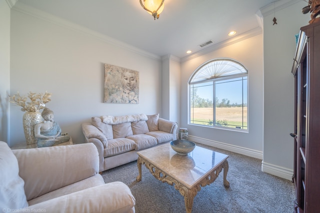 carpeted living room featuring crown molding