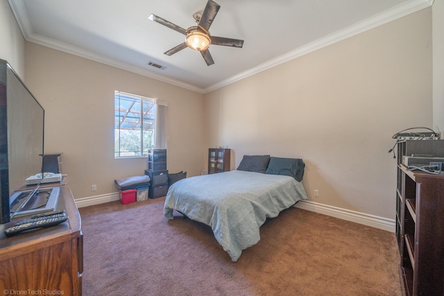 bedroom featuring ceiling fan, ornamental molding, and dark carpet