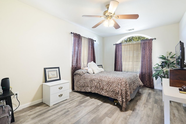 bedroom featuring light hardwood / wood-style floors and ceiling fan