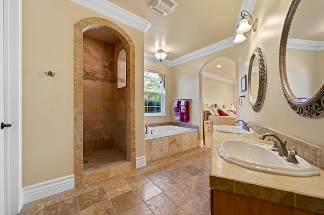 bathroom with ornamental molding, separate shower and tub, and vanity