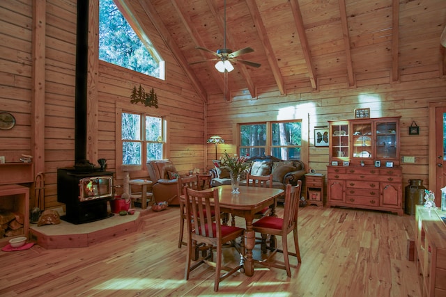 dining room with wood ceiling, light wood-type flooring, beamed ceiling, a wood stove, and wood walls