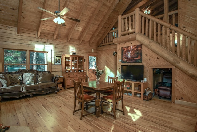 dining room with high vaulted ceiling, beamed ceiling, wooden ceiling, light hardwood / wood-style flooring, and wooden walls