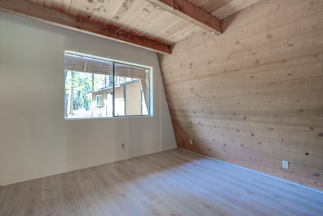 unfurnished room with light hardwood / wood-style floors, wooden ceiling, and vaulted ceiling with beams