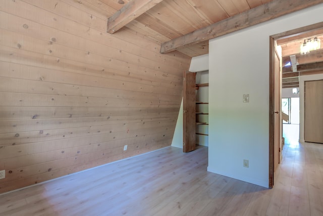 unfurnished room featuring wood walls, light hardwood / wood-style floors, wooden ceiling, and beam ceiling