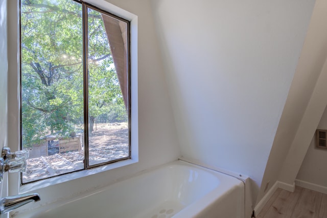 bathroom featuring a tub to relax in and wood-type flooring