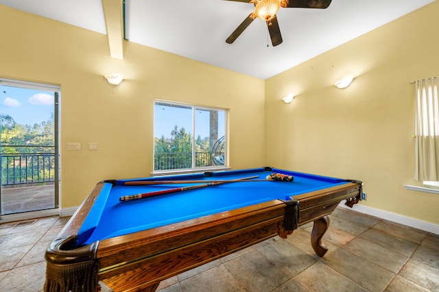 game room featuring ceiling fan, beam ceiling, and billiards