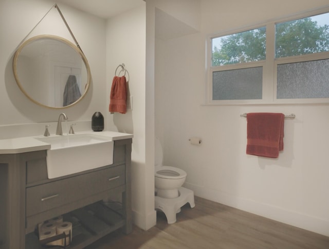 bathroom featuring hardwood / wood-style floors, vanity, and toilet