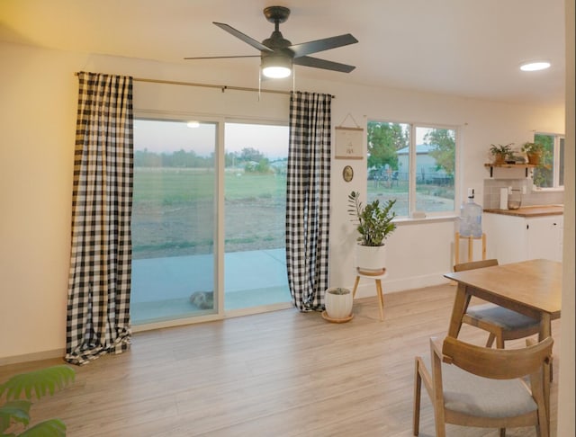 living area with light wood-type flooring and ceiling fan