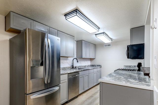 kitchen featuring gray cabinetry, sink, light hardwood / wood-style floors, a textured ceiling, and appliances with stainless steel finishes