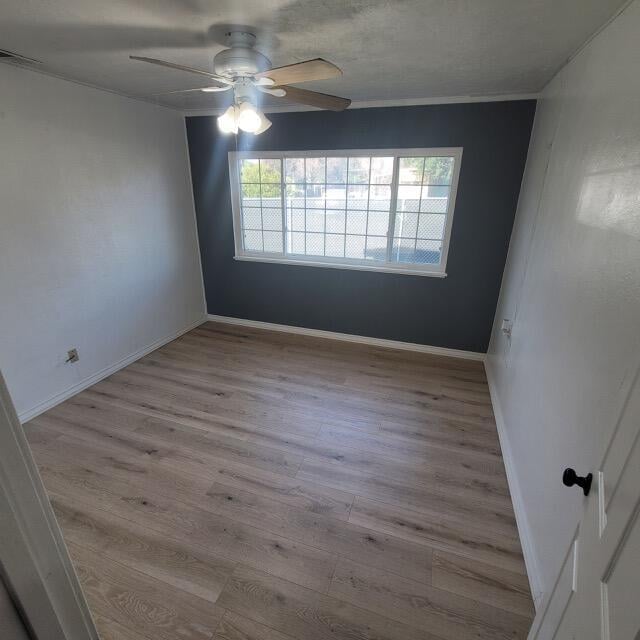 empty room with light wood-type flooring and ceiling fan