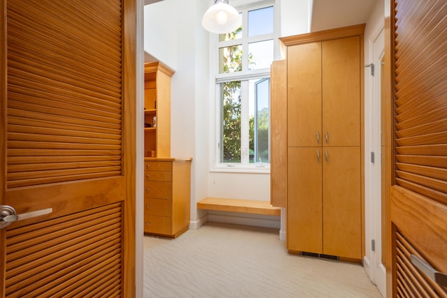 hallway with light colored carpet