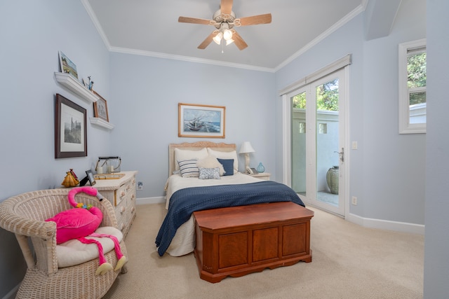 bedroom featuring light carpet, ornamental molding, access to exterior, and ceiling fan