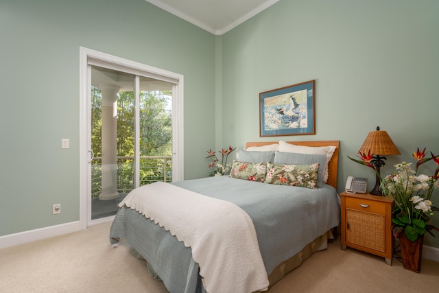 bedroom featuring ornamental molding and light carpet