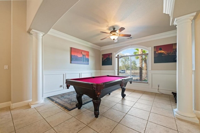 playroom with ceiling fan, ornate columns, crown molding, billiards, and light tile patterned floors